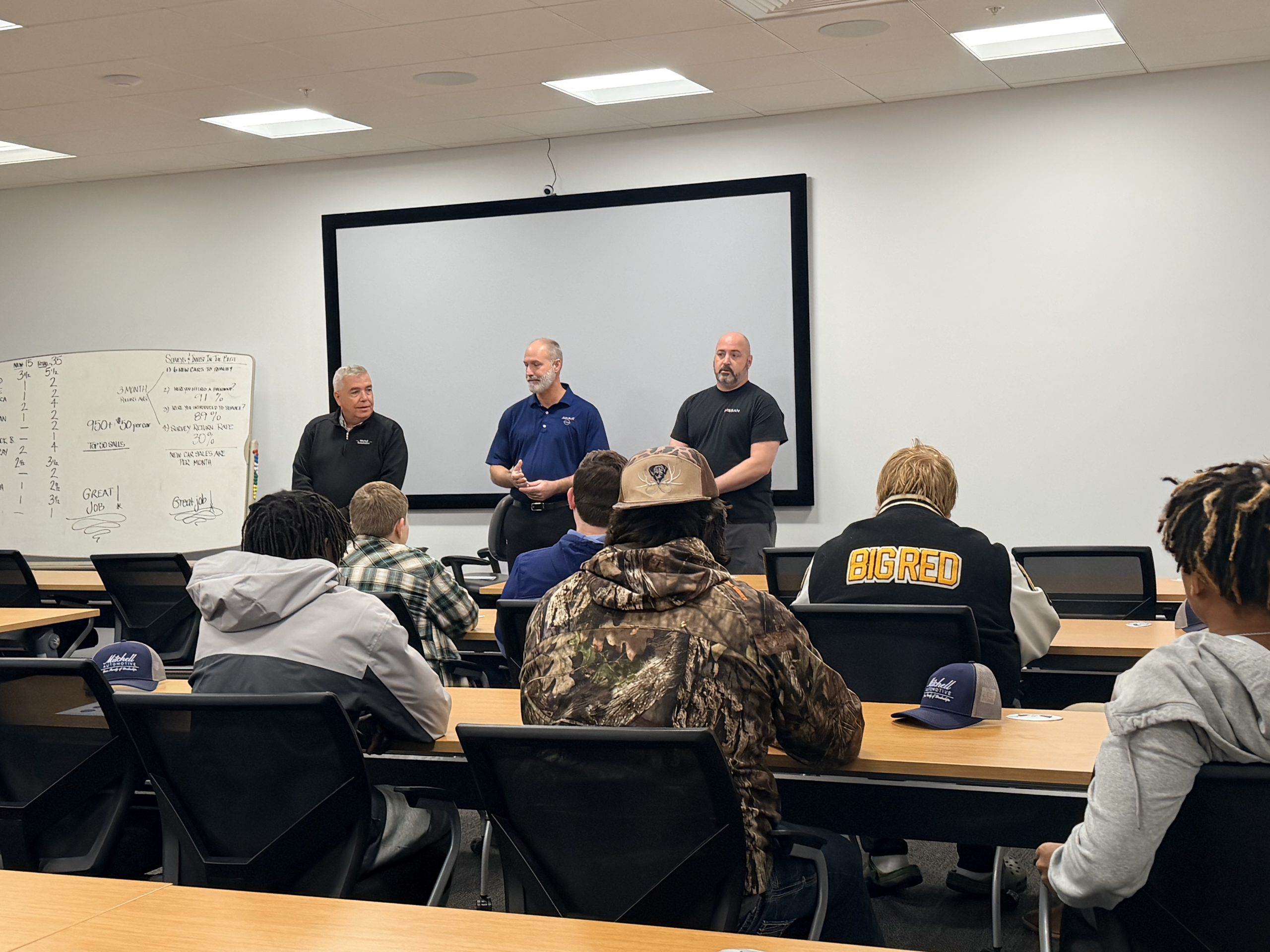 Mitchell Automotive leadership speaking with high school automotive students